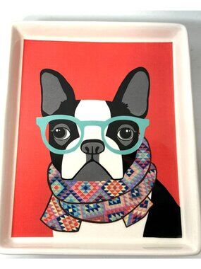 Rae Dunn  by Magenta Boston Terrier Hipster Trinket Dish Rare